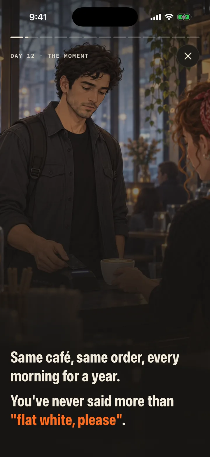 An Outward lesson screen: same café, same order, every morning for a year. You've never said more than flat white, please.
