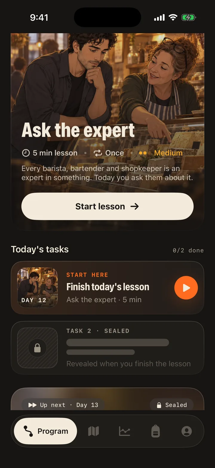 Outward's Today screen: finish today's lesson to reveal the sealed task.